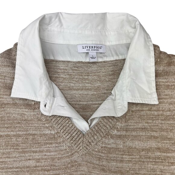 Liverpool Tan/White Long Sleeve Two-Fer Collared Sweater Size L - Picture 3 of 7